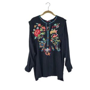 Johnny Was Embroidered Popover Top Black Rayon Multicolor Floral Womens Size 1X